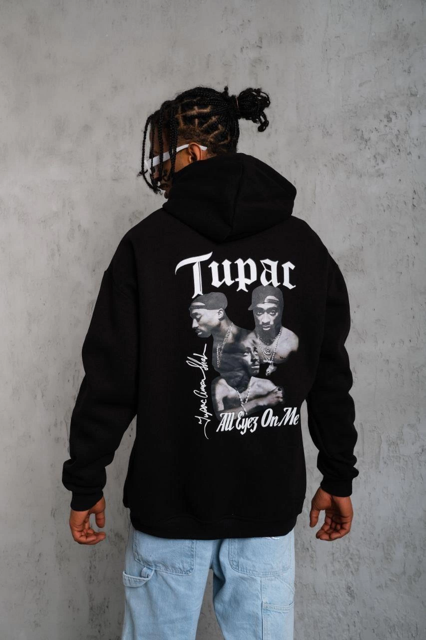 Erkek Kapüşonlu Kanguru Cepli Sweatshirt 3 İplik Pamuklu Baskılı Hoodie - Siyah