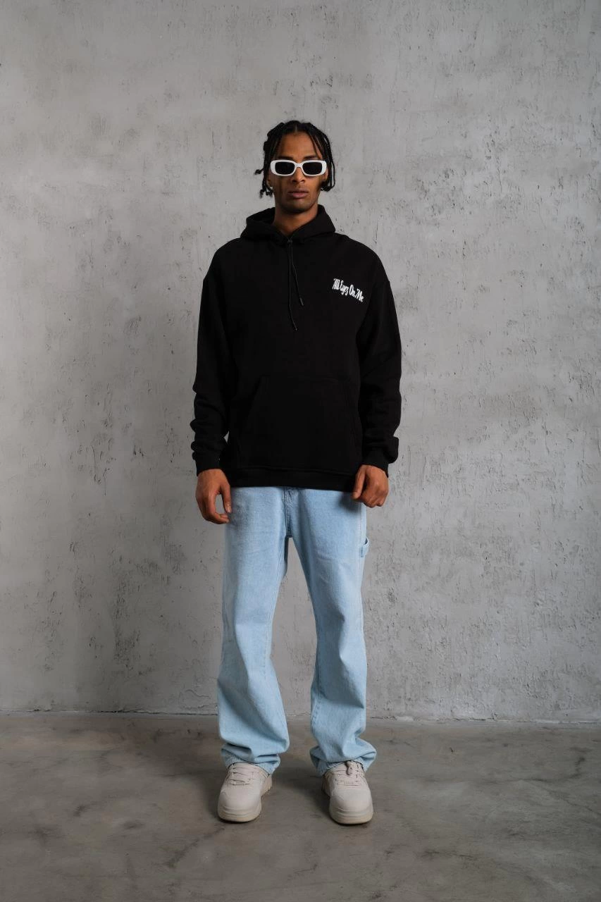 Erkek Kapüşonlu Kanguru Cepli Sweatshirt 3 İplik Pamuklu Baskılı Hoodie - Siyah