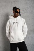 Erkek 3 İplik Pamuklu Baskılı Kapüşonlu Cepli Sweatshirt Hoodie - Beyaz