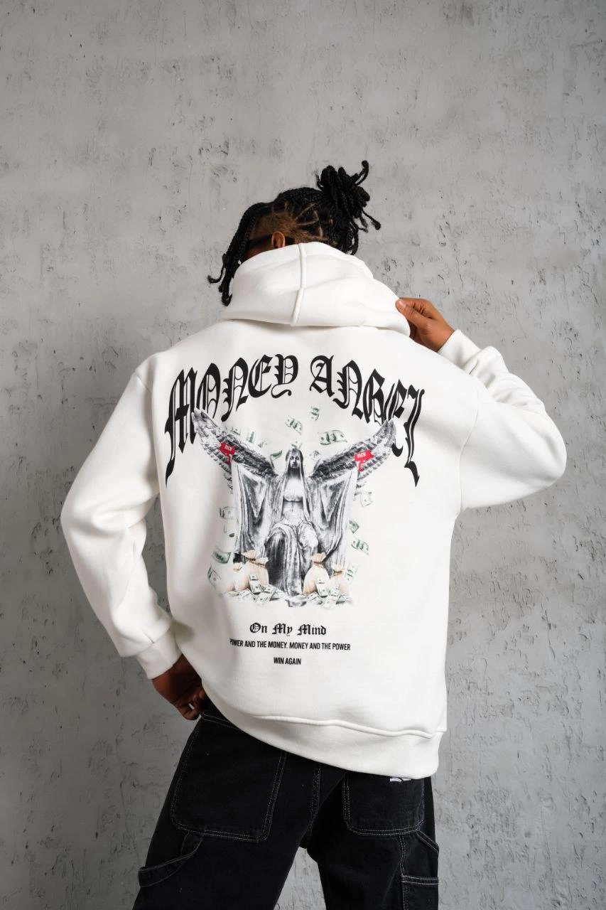 Erkek 3 İplik Pamuklu Baskılı Kapüşonlu Cepli Sweatshirt Hoodie - Beyaz