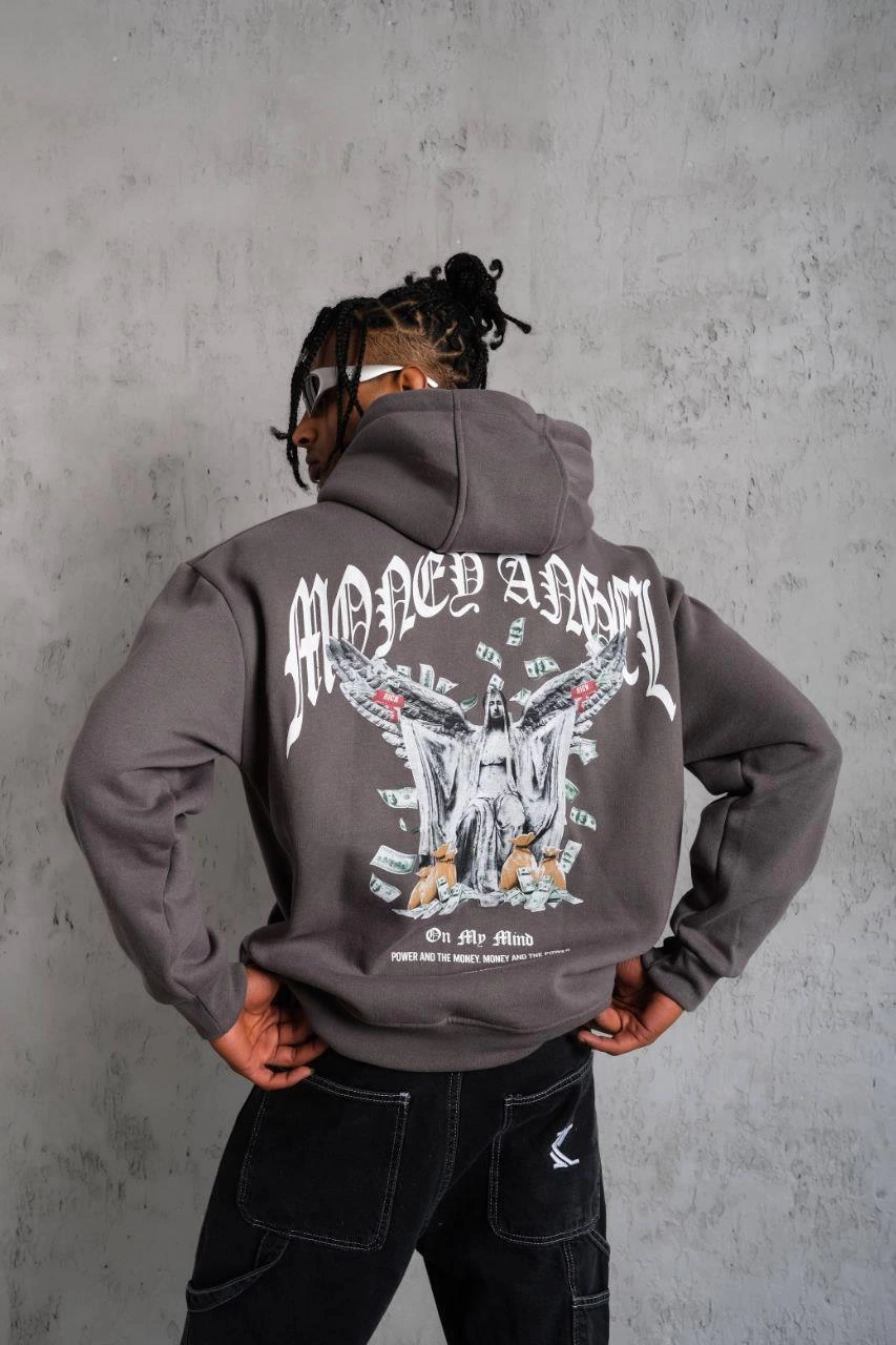 Erkek 3 İplik Pamuklu Baskılı Kapüşonlu Cepli Sweatshirt Hoodie - Füme