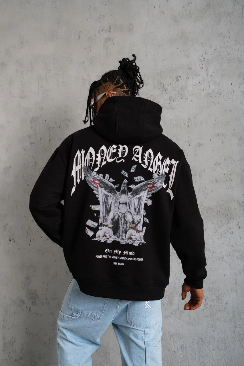 Erkek 3 İplik Pamuklu Baskılı Kapüşonlu Cepli Sweatshirt Hoodie - Siyah