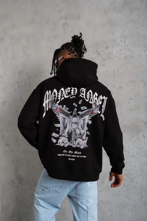 Erkek 3 İplik Pamuklu Baskılı Kapüşonlu Cepli Sweatshirt Hoodie - Siyah