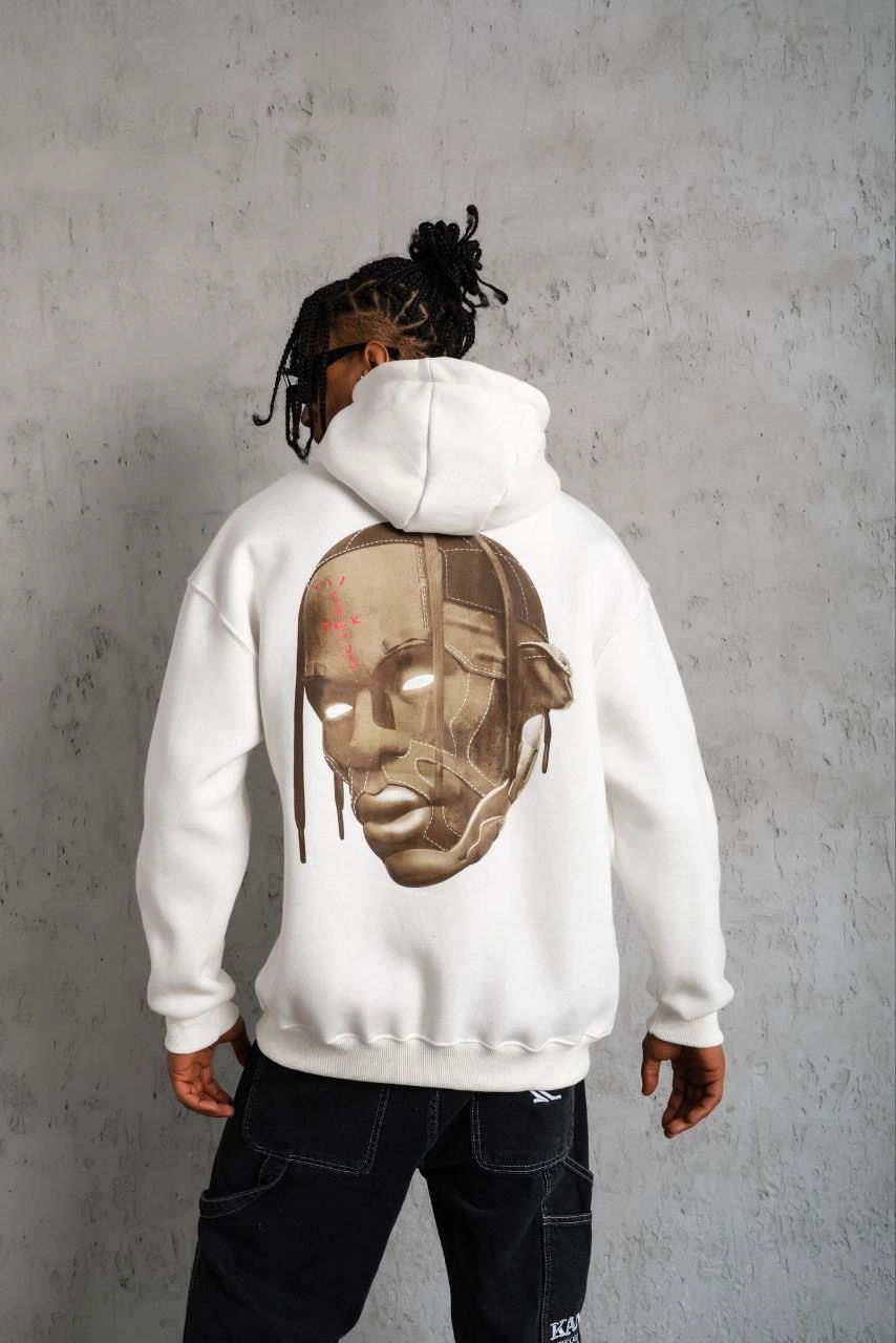 Erkek Kordonlu Arka Maske Kordon Saçlı Kapüşonlu sweatshirt hoodie - Beyaz