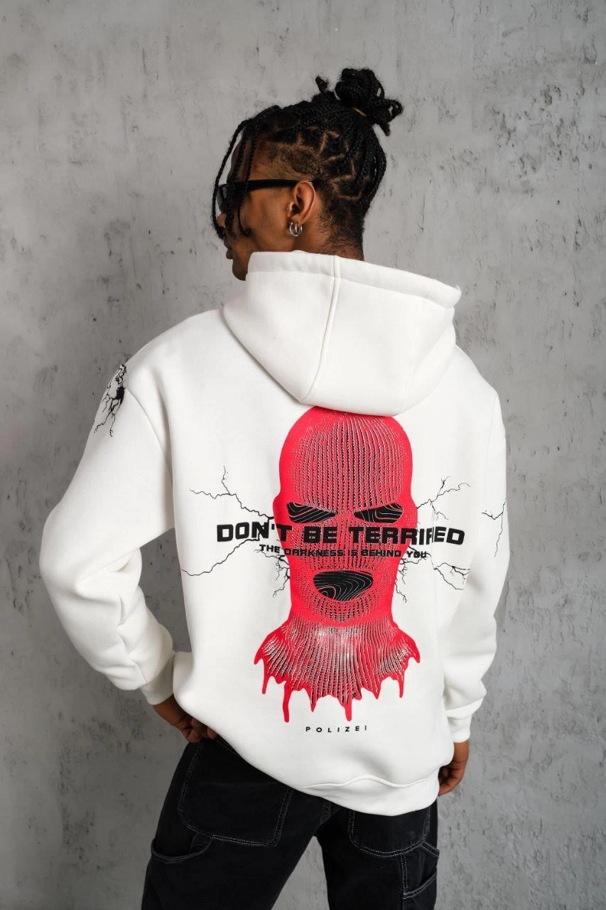 Erkek Kapüşonlu Kanguru Cepli Sweatshirt 3 İplik Pamuklu Baskılı Hoodie -  Beyaz