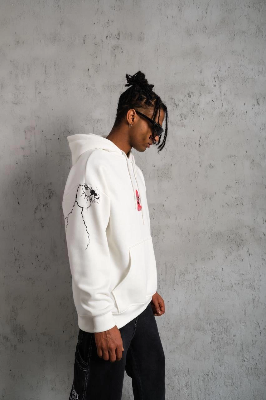 Erkek Kapüşonlu Kanguru Cepli Sweatshirt 3 İplik Pamuklu Baskılı Hoodie -  Beyaz