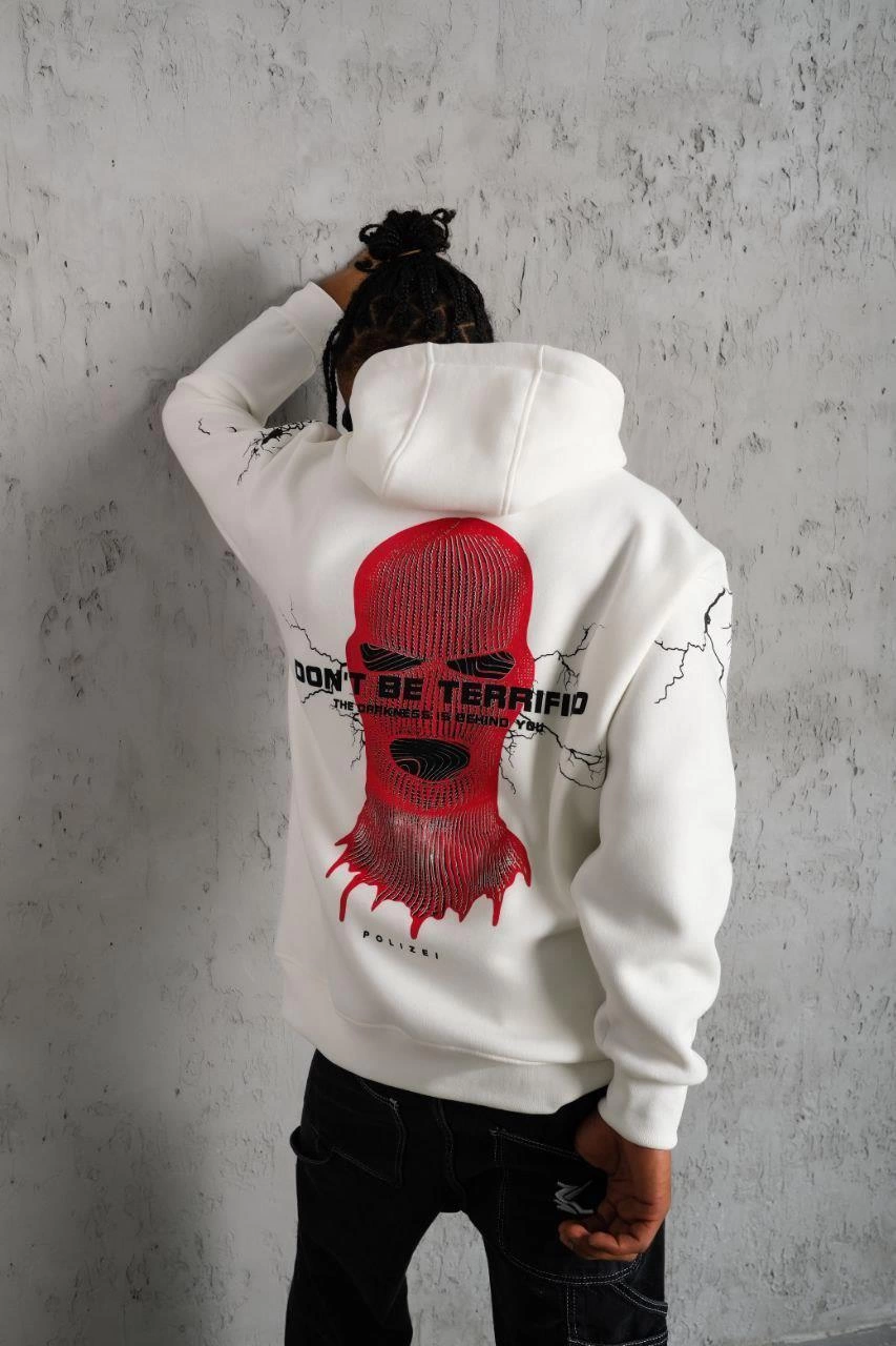 Erkek 3 İplik Pamuklu Kapüşonlu Baskılı Cepli Oversize Sweatshirt Hoodie - Beyaz