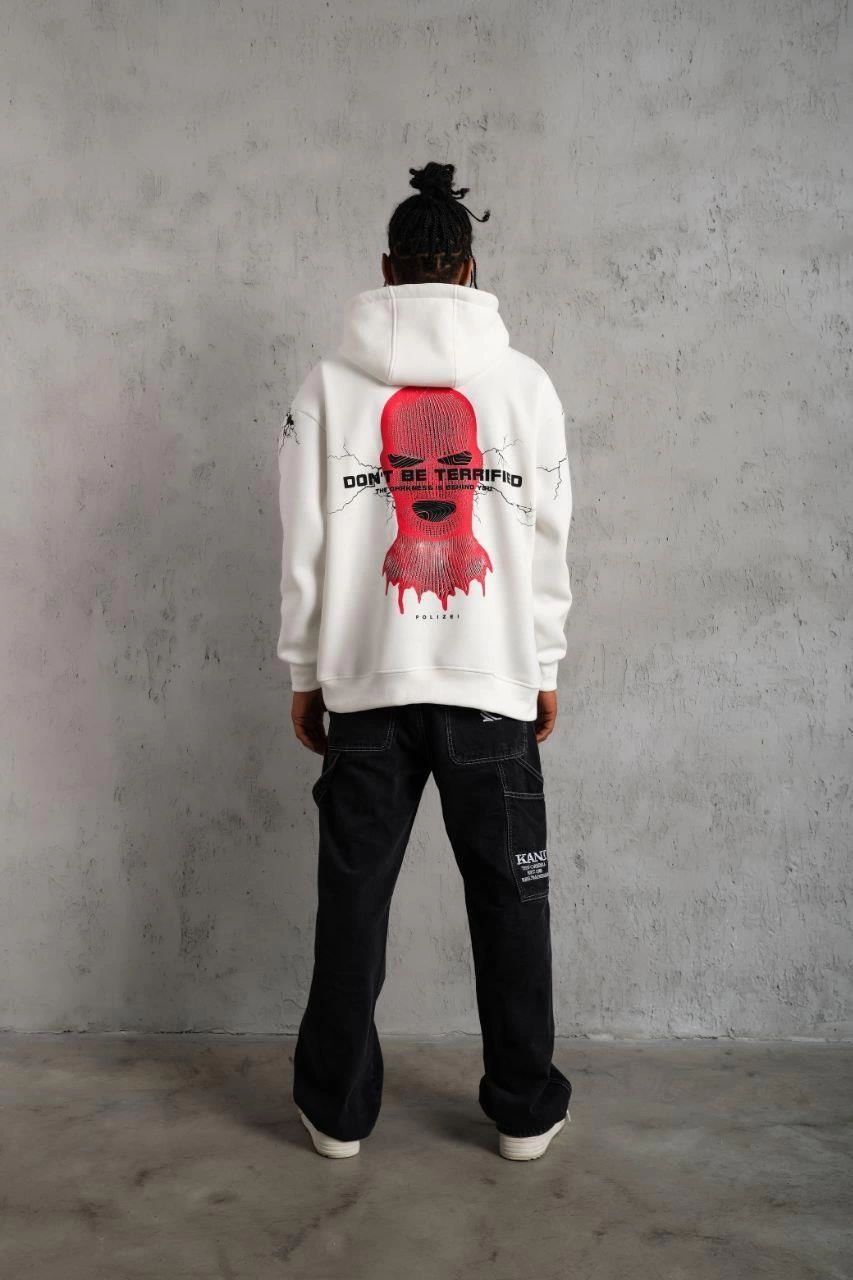 Erkek Kapüşonlu Kanguru Cepli Sweatshirt 3 İplik Pamuklu Baskılı Hoodie -  Beyaz