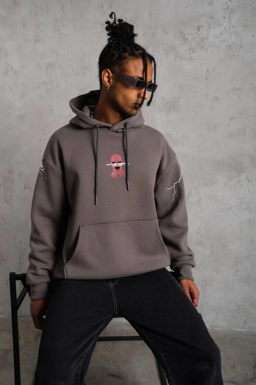 Erkek 3 İplik Pamuklu Kapüşonlu Baskılı Cepli Oversize Sweatshirt Hoodie - Gri