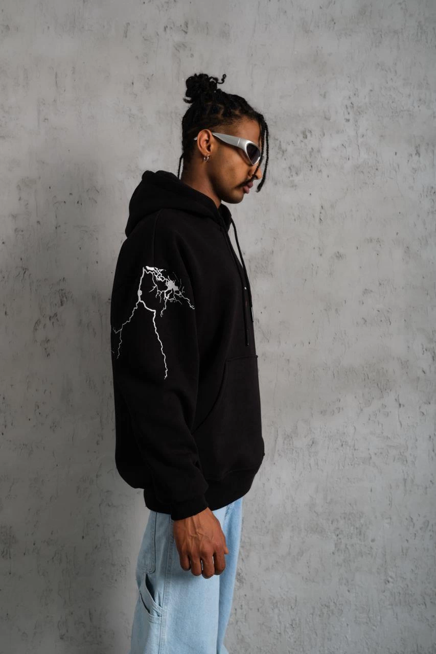 Erkek 3 İplik Pamuklu Kapüşonlu Baskılı Cepli Oversize Sweatshirt Hoodie - Siyah