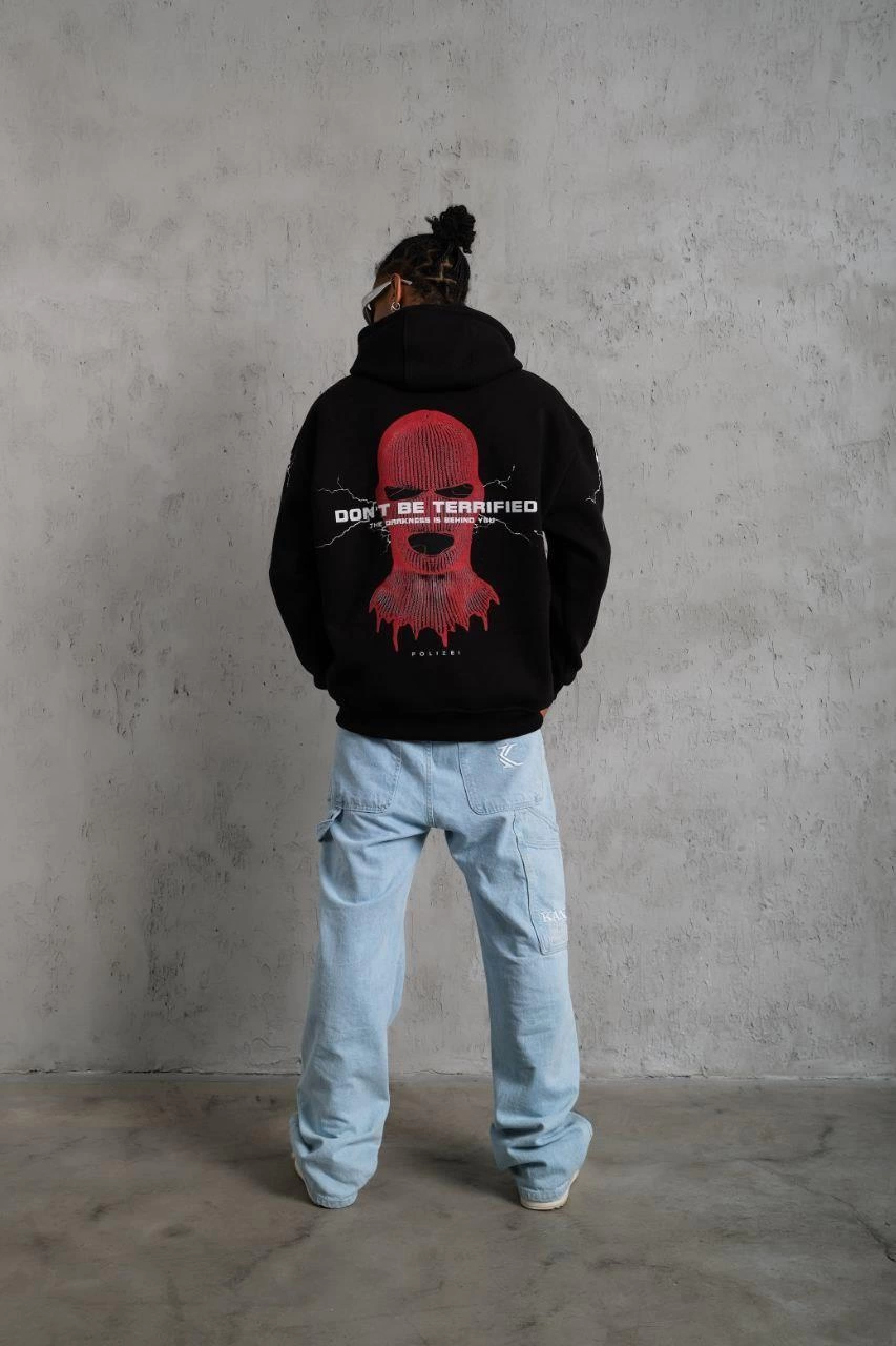 Erkek Kapüşonlu Kanguru Cepli Sweatshirt 3 İplik Pamuklu Baskılı Hoodie - Siyah