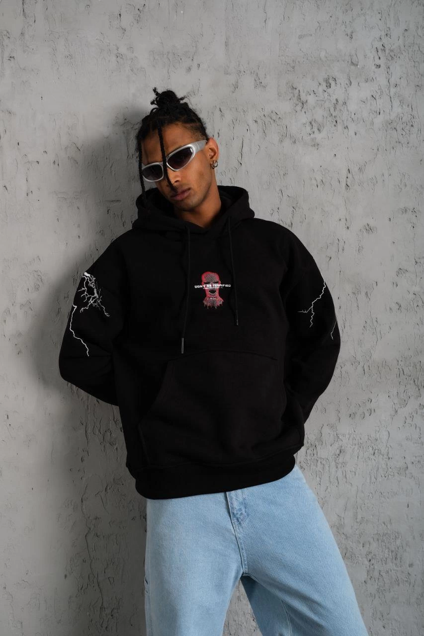 Erkek 3 İplik Pamuklu Kapüşonlu Baskılı Cepli Oversize Sweatshirt Hoodie - Siyah