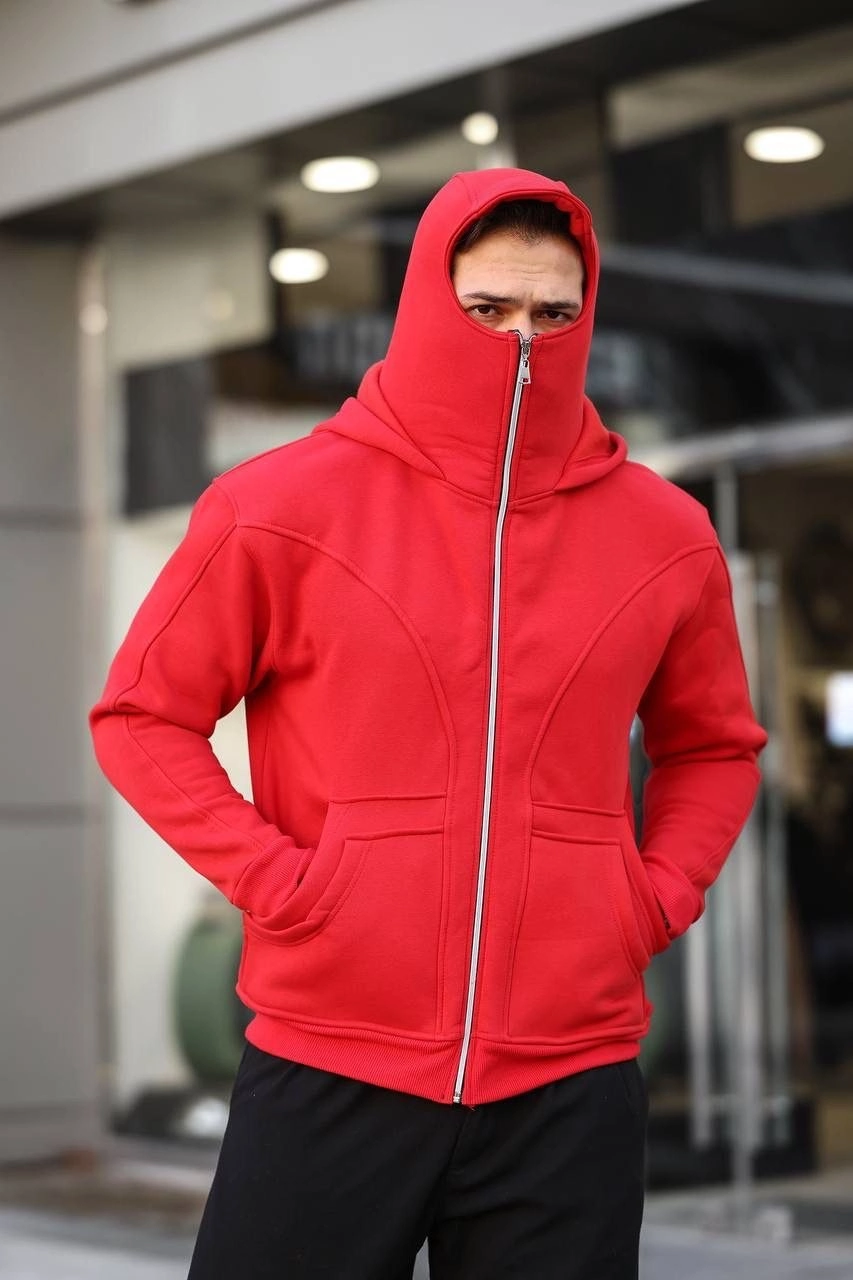 Erkek 3 İplik Şardonlu Maskeli Ninja Model Çift Kapüşonlu  Fermuarlı 4 cepli Sweatshirt - Kırmızı