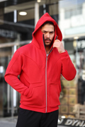 Erkek 3 İplik Şardonlu Maskeli Ninja Model Çift Kapüşonlu  Fermuarlı 4 cepli Sweatshirt - Kırmızı