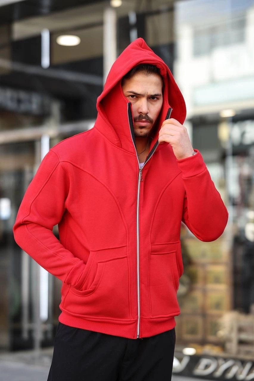Erkek 3 İplik Şardonlu Maskeli Ninja Model Çift Kapüşonlu  Fermuarlı 4 cepli Sweatshirt - Kırmızı