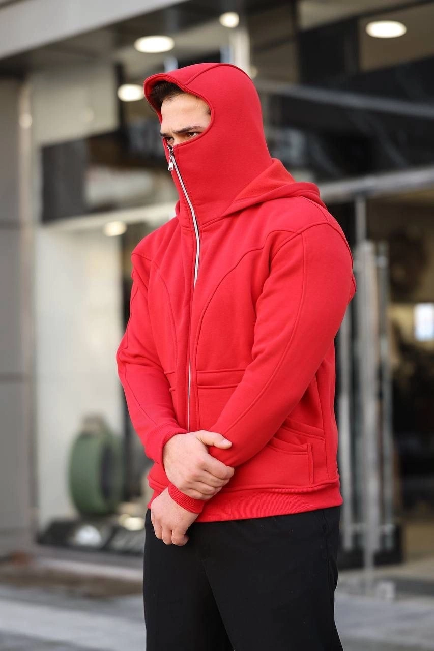 Erkek 3 İplik Şardonlu Maskeli Ninja Model Çift Kapüşonlu  Fermuarlı 4 cepli Sweatshirt - Kırmızı