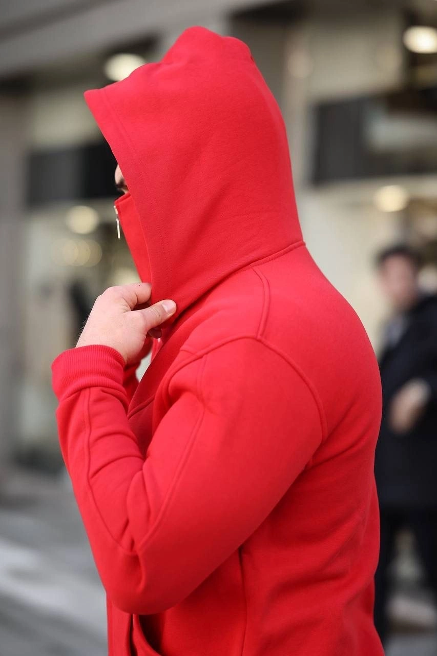 Erkek 3 İplik Şardonlu Maskeli Ninja Model Çift Kapüşonlu  Fermuarlı 4 cepli Sweatshirt - Kırmızı