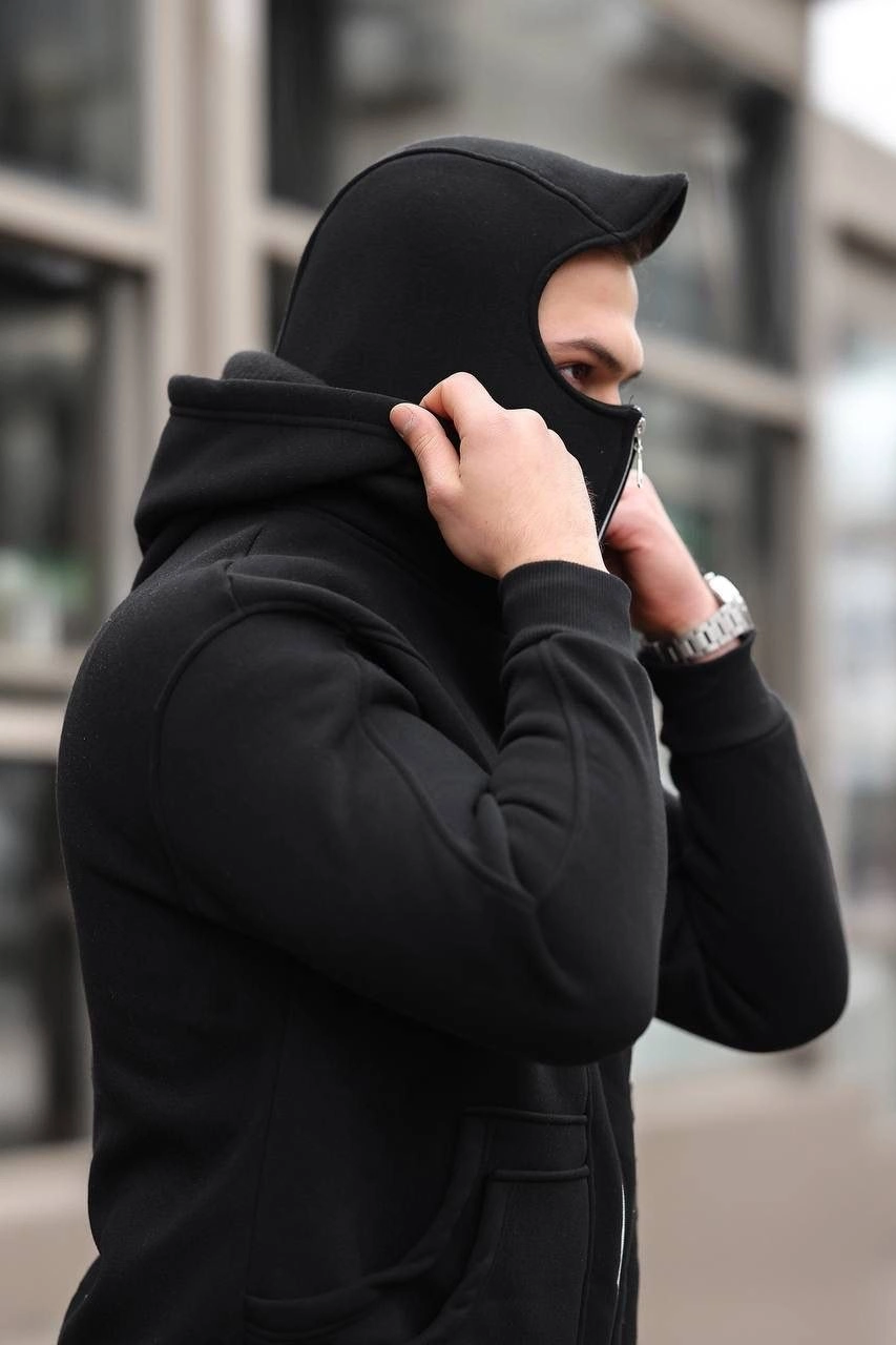 Erkek 3 İplik Şardonlu Maskeli Ninja Model Çift Kapüşonlu  Fermuarlı 4 cepli Sweatshirt- Siyah