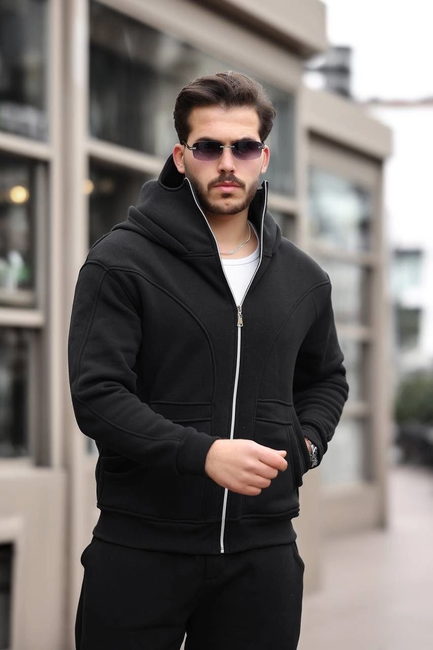 Erkek 3 İplik Şardonlu Maskeli Ninja Model Çift Kapüşonlu  Fermuarlı 4 cepli Sweatshirt- Siyah