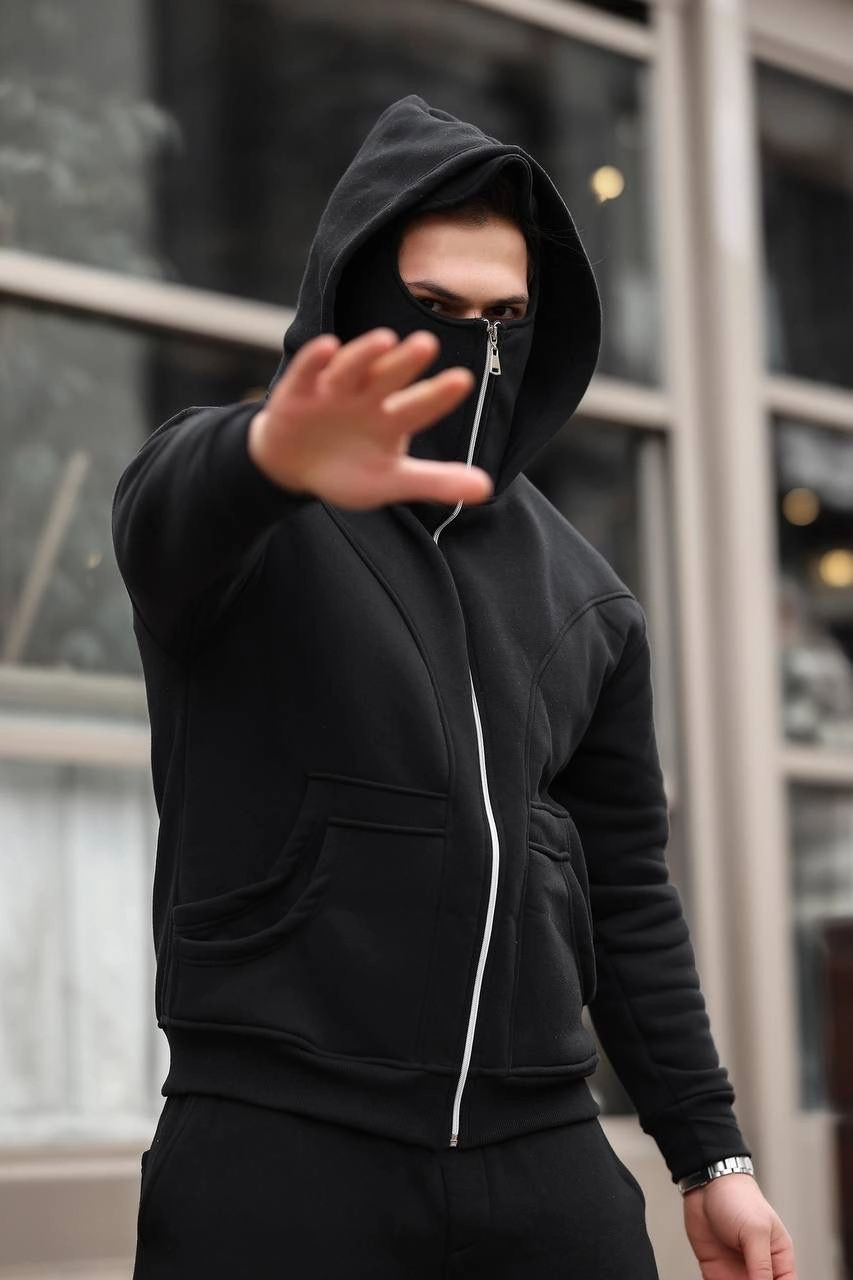 Erkek 3 İplik Şardonlu Maskeli Ninja Model Çift Kapüşonlu  Fermuarlı 4 cepli Sweatshirt- Siyah