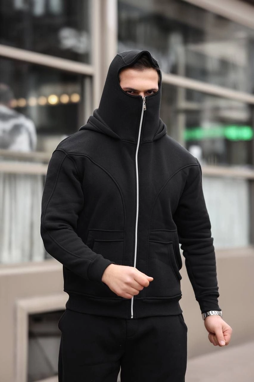 Erkek 3 İplik Şardonlu Maskeli Ninja Model Çift Kapüşonlu  Fermuarlı 4 cepli Sweatshirt- Siyah