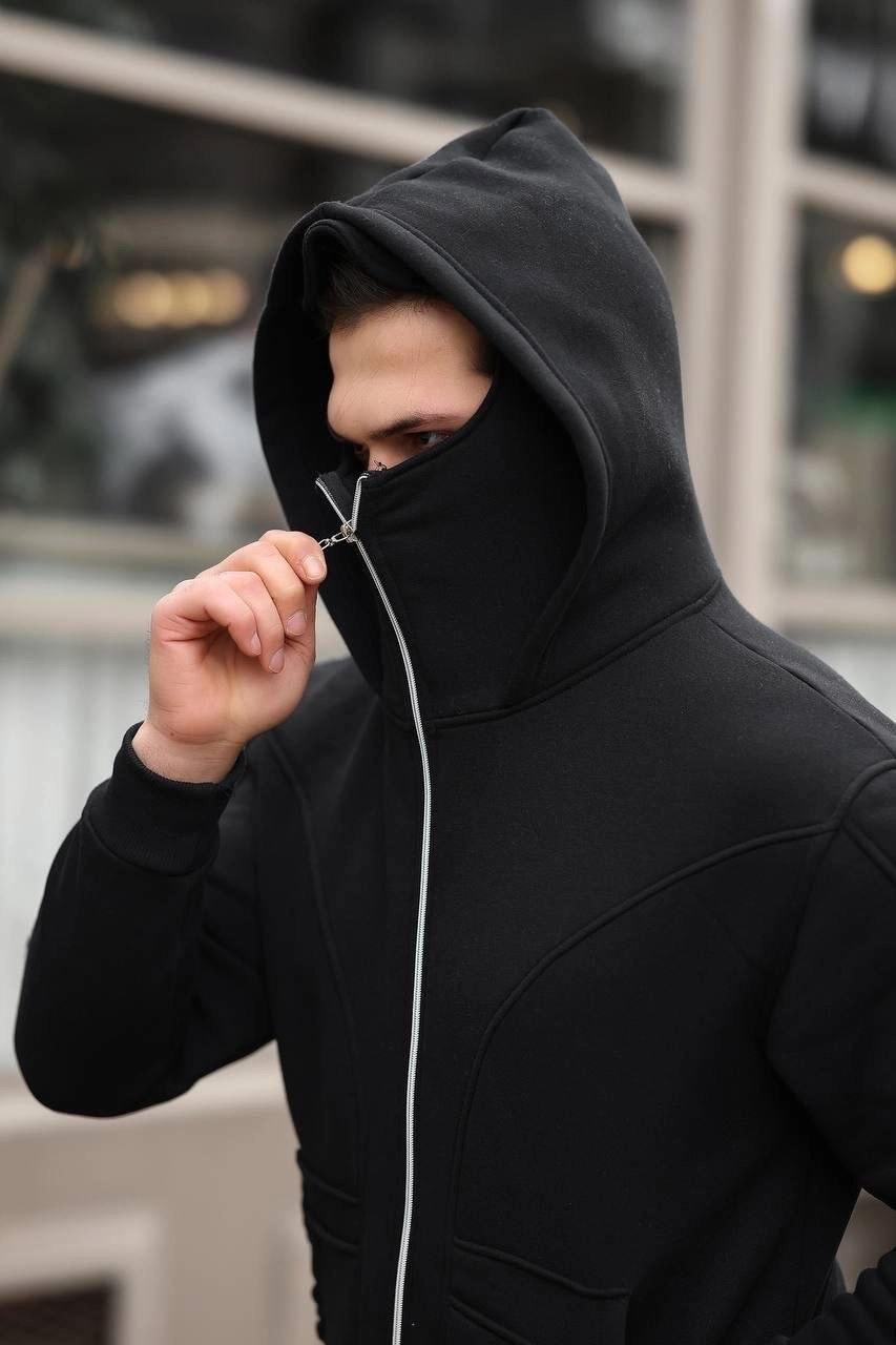 Erkek 3 İplik Şardonlu Maskeli Ninja Model Çift Kapüşonlu  Fermuarlı 4 cepli Sweatshirt- Siyah