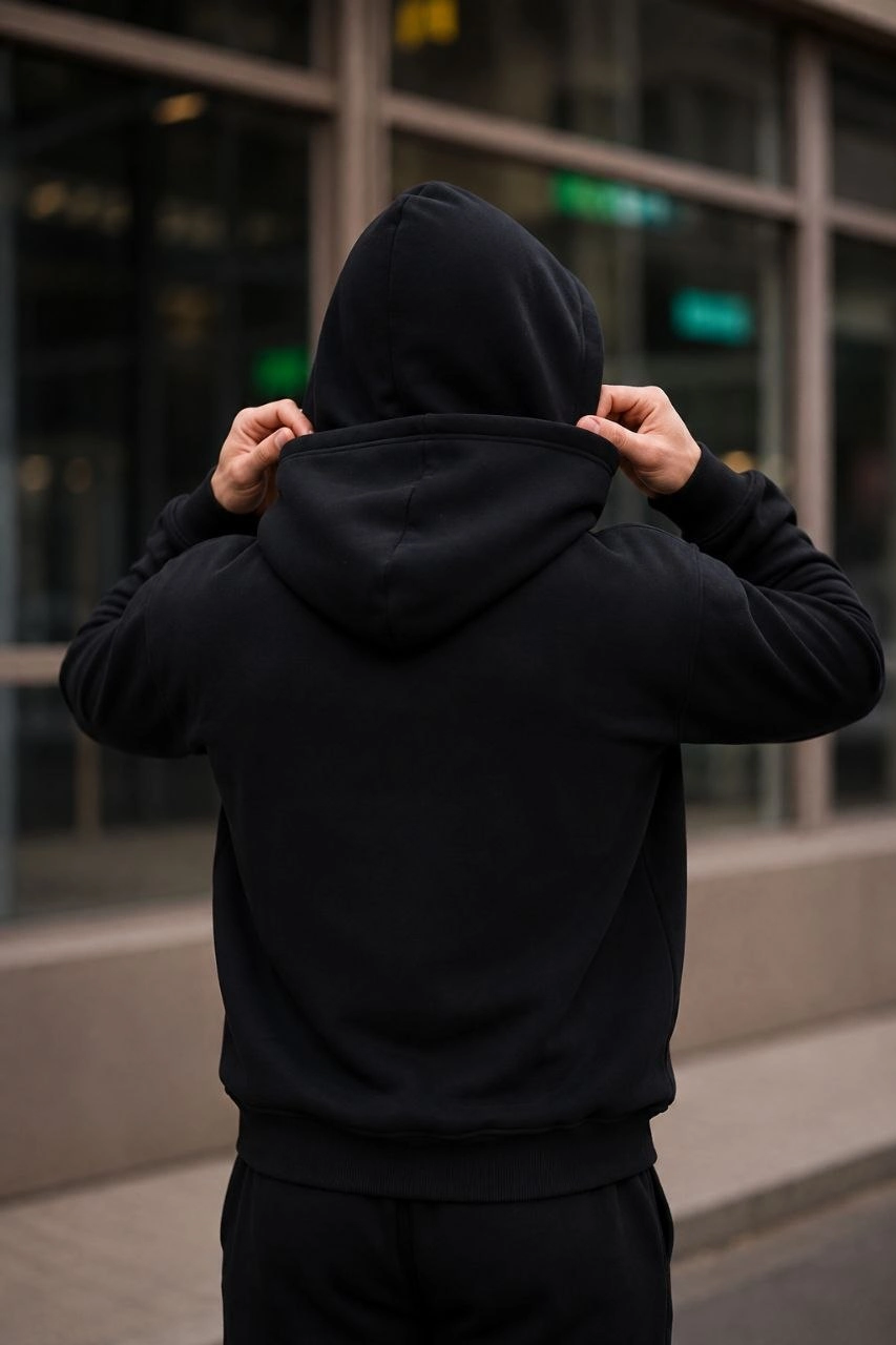 Erkek 3 İplik Şardonlu Maskeli Ninja Model Çift Kapüşonlu  Fermuarlı 4 cepli Sweatshirt- Siyah