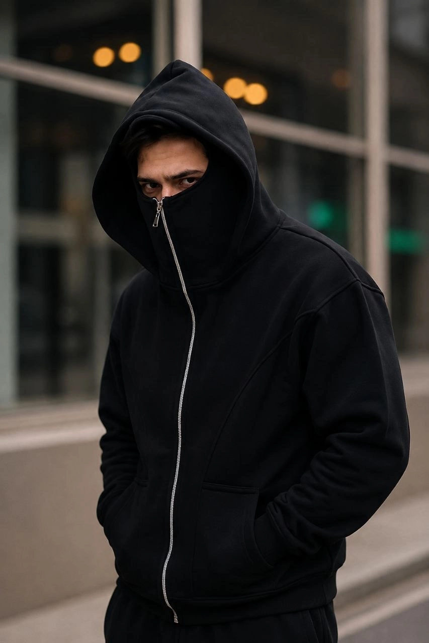 Erkek 3 İplik Şardonlu Maskeli Ninja Model Çift Kapüşonlu  Fermuarlı 4 cepli Sweatshirt- Siyah