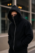 Erkek 3 İplik Şardonlu Maskeli Ninja Model Çift Kapüşonlu  Fermuarlı 4 cepli Sweatshirt- Siyah
