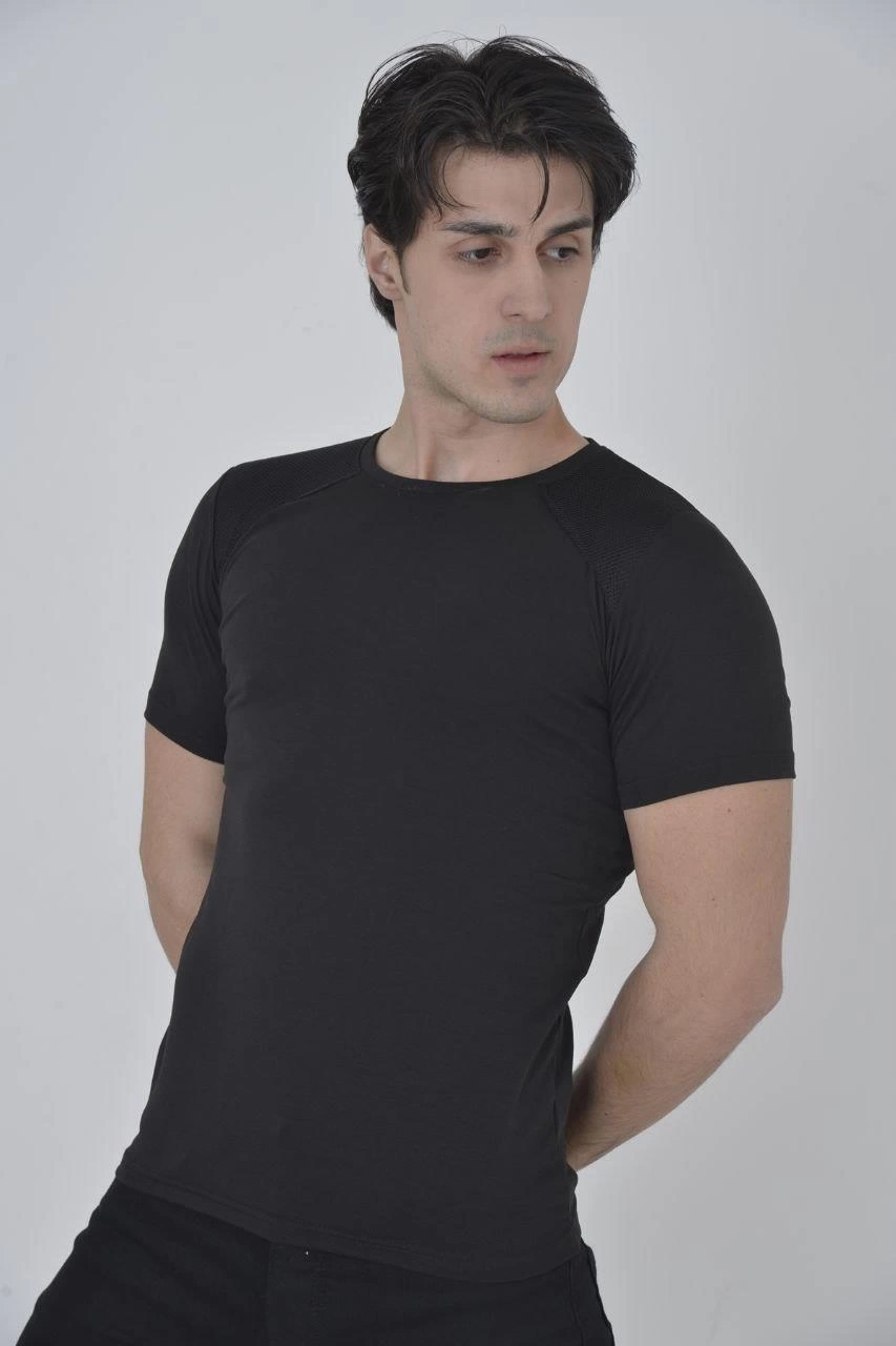 Erkek Omuz Fileli T-Shirt Kısa Kol Bisiklet Yaka Slimfit Tişört   - Siyah