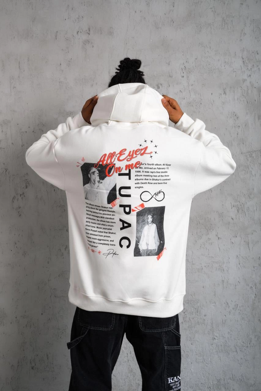 Erkek 3 İplik Pamuklu Kapüşonlu Baskılı Cepli Oversize Sweatshirt Hoodie - Beyaz