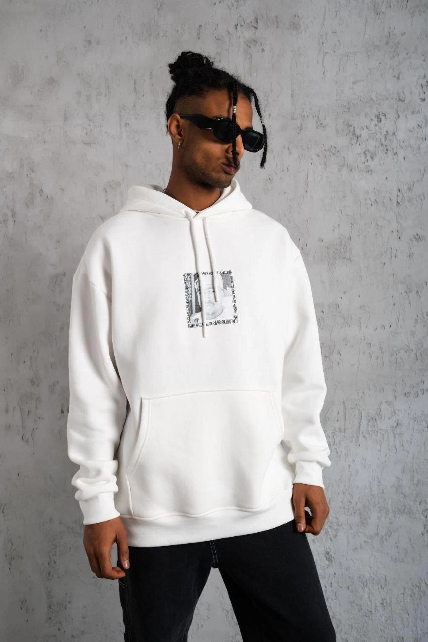 Erkek 3 İplik Pamuklu Kapüşonlu Baskılı Cepli Oversize Sweatshirt Hoodie - Beyaz