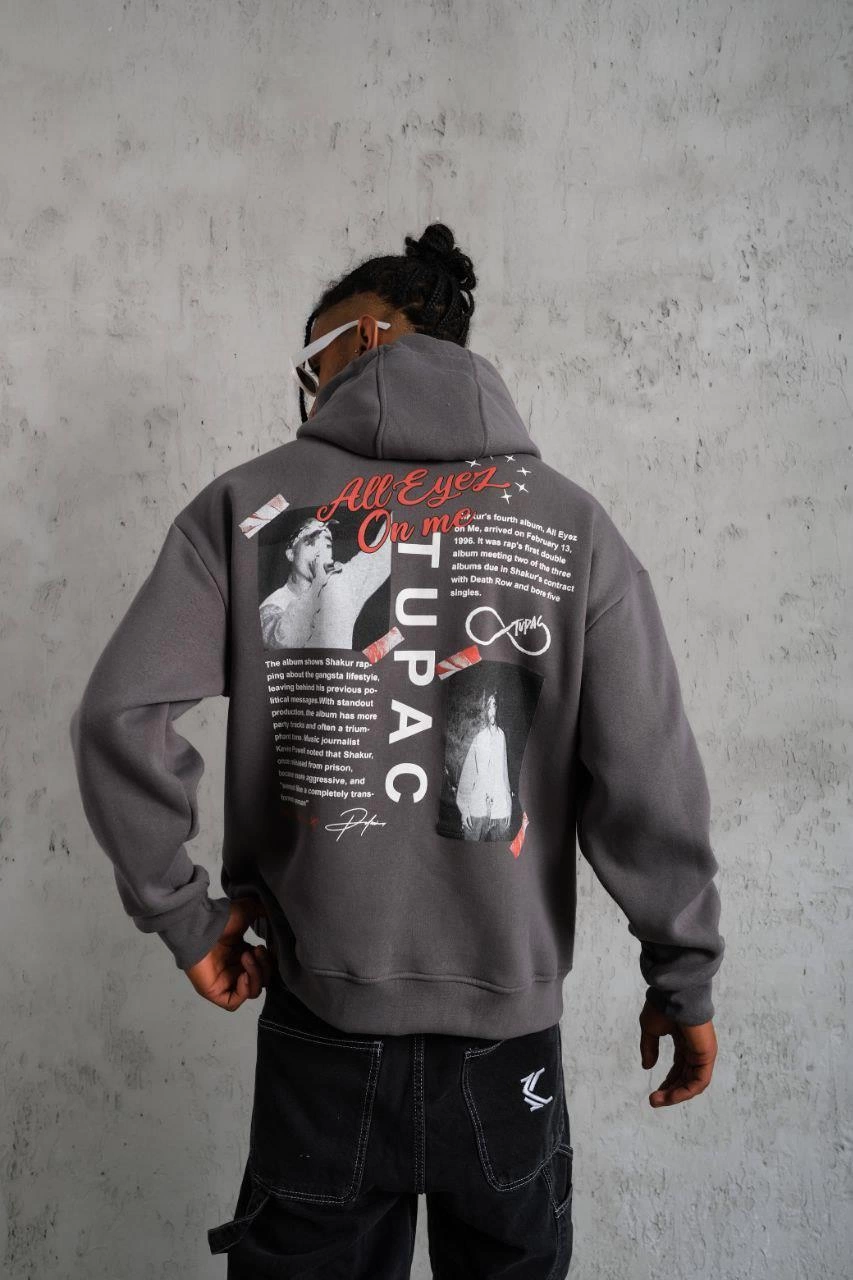 Erkek 3 İplik Pamuklu Kapüşonlu Baskılı Cepli Oversize Sweatshirt Hoodie - Gri