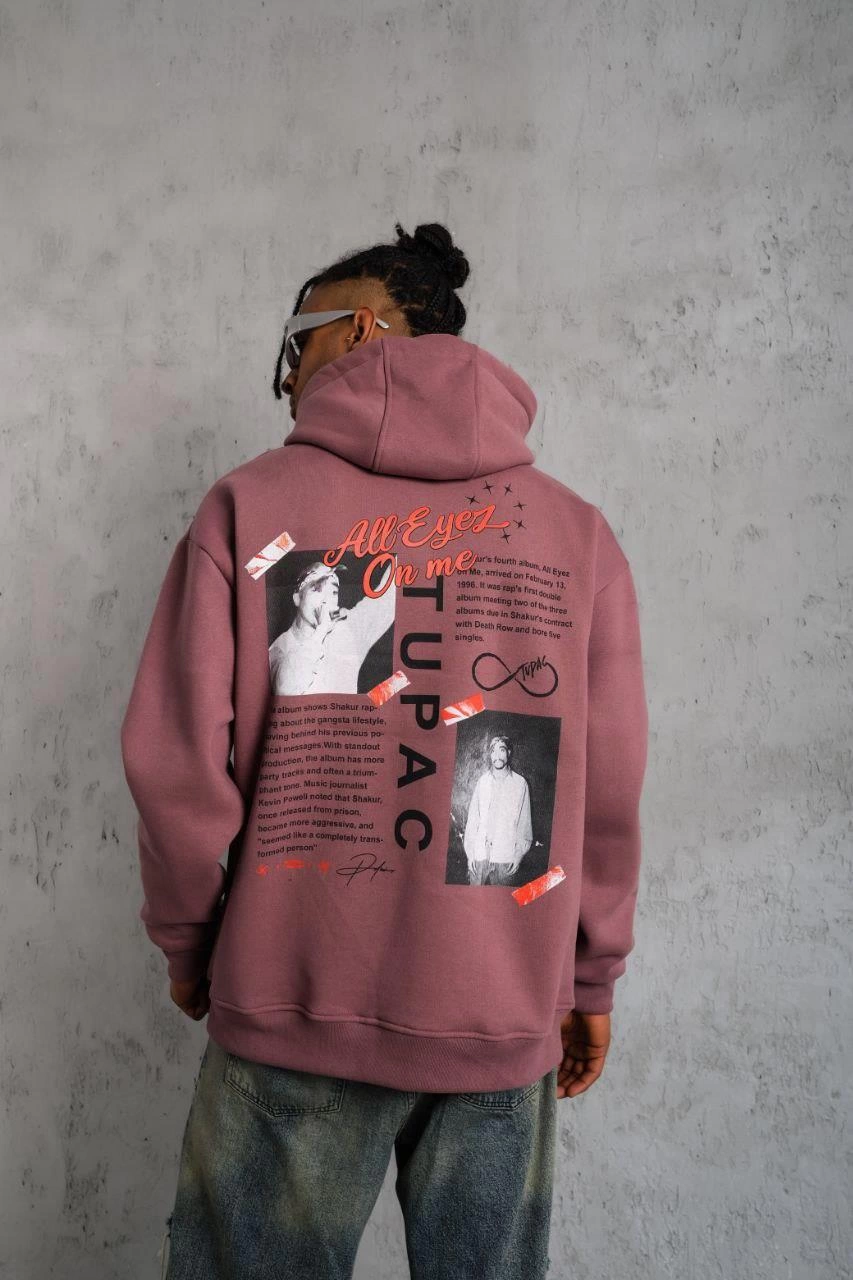 Erkek 3 İplik Pamuklu Kapüşonlu Baskılı Cepli Sweatshirt Hoodie - Gül Kurusu