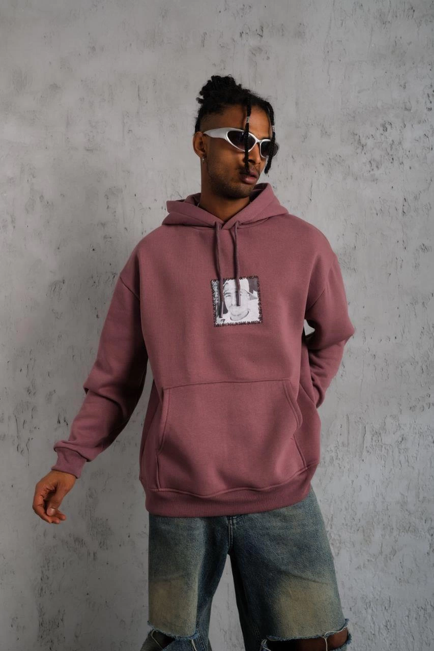 Erkek 3 İplik Pamuklu Kapüşonlu Baskılı Cepli Sweatshirt Hoodie - Gül Kurusu