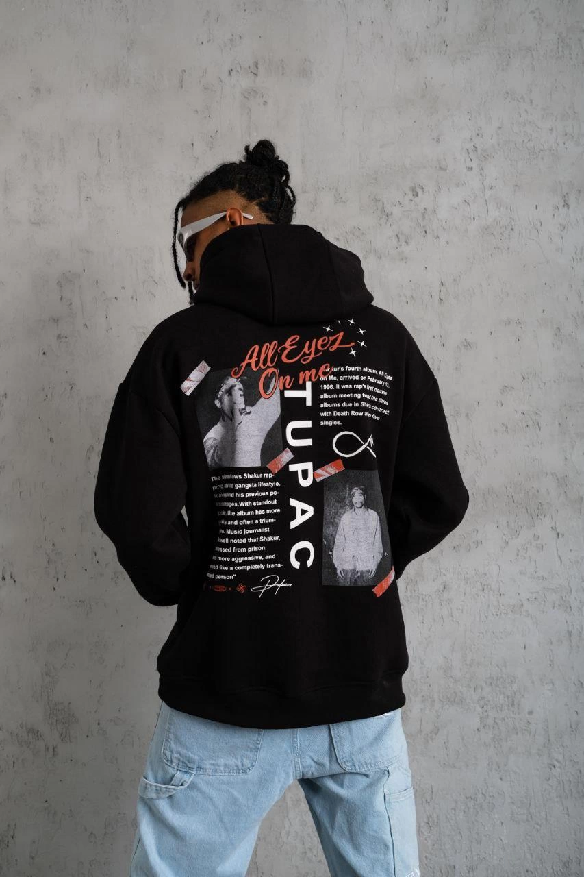 Erkek 3 İplik Pamuklu Kapüşonlu Baskılı Cepli Oversize Sweatshirt Hoodie - Siyah