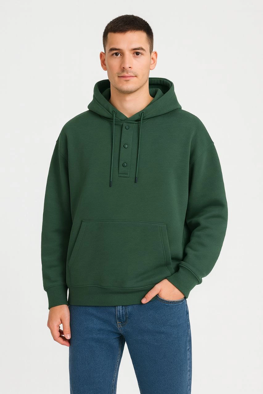 Erkek Kapüşonlu Hoodie Cepli Çıtçıtlı 3 İplik Pamuklu Sweatshirt - Haki