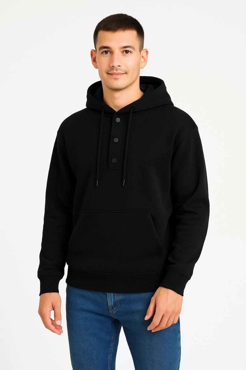 Erkek Kapüşonlu Hoodie Cepli Çıtçıtlı 3 İplik Pamuklu Sweatshirt - Siyah