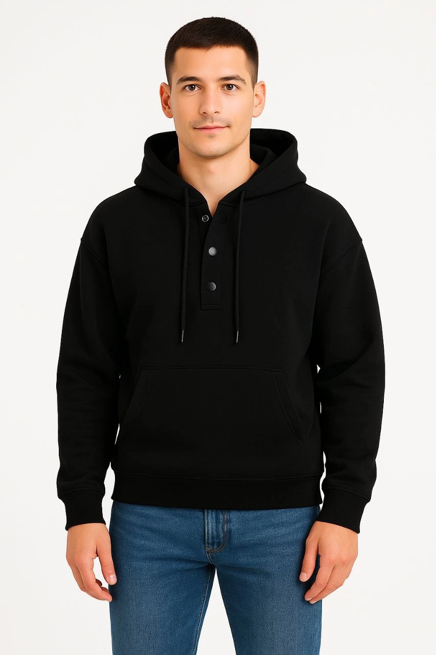 Erkek Kapüşonlu Hoodie Cepli Çıtçıtlı 3 İplik Pamuklu Sweatshirt - Siyah