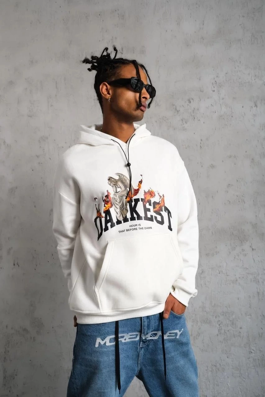 Erkek Kapüşonlu Kanguru Cepli Sweatshirt 3 İplik Pamuklu Baskılı Hoodie - Beyaz