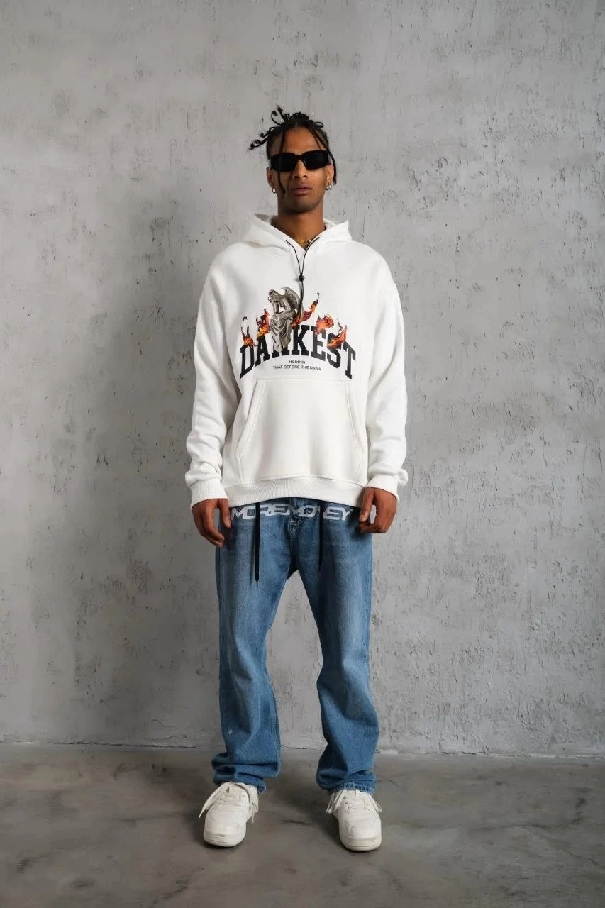 Erkek Kapüşonlu Kanguru Cepli Sweatshirt 3 İplik Pamuklu Baskılı Hoodie - Beyaz