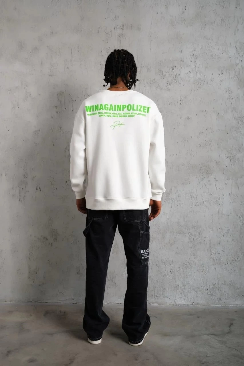 Erkek Oversize Sweatshirt Ön ve Sırt Baskılı 3 İplik Pamuklu - Beyaz
