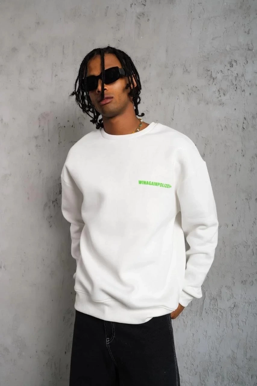 Erkek Oversize Sweatshirt Ön ve Sırt Baskılı 3 İplik Pamuklu - Beyaz