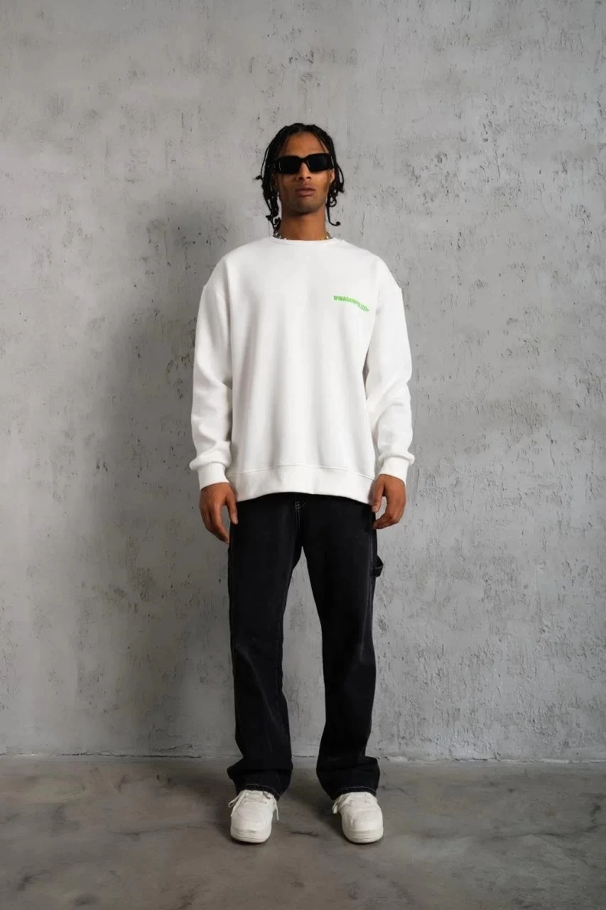 Erkek Oversize Sweatshirt Ön ve Sırt Baskılı 3 İplik Pamuklu - Beyaz