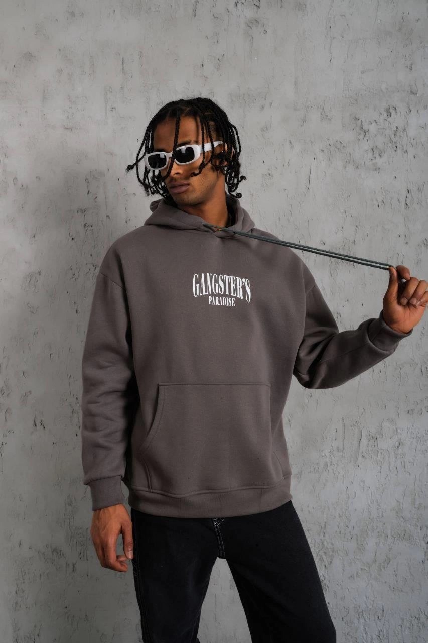 Erkek 3 İplik Pamuklu Baskılı Kapüşonlu Cepli Sweatshirt Hoodie - Gri