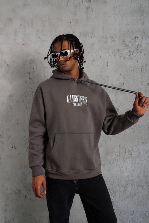 Erkek 3 İplik Pamuklu Baskılı Kapüşonlu Cepli Sweatshirt Hoodie - Gri
