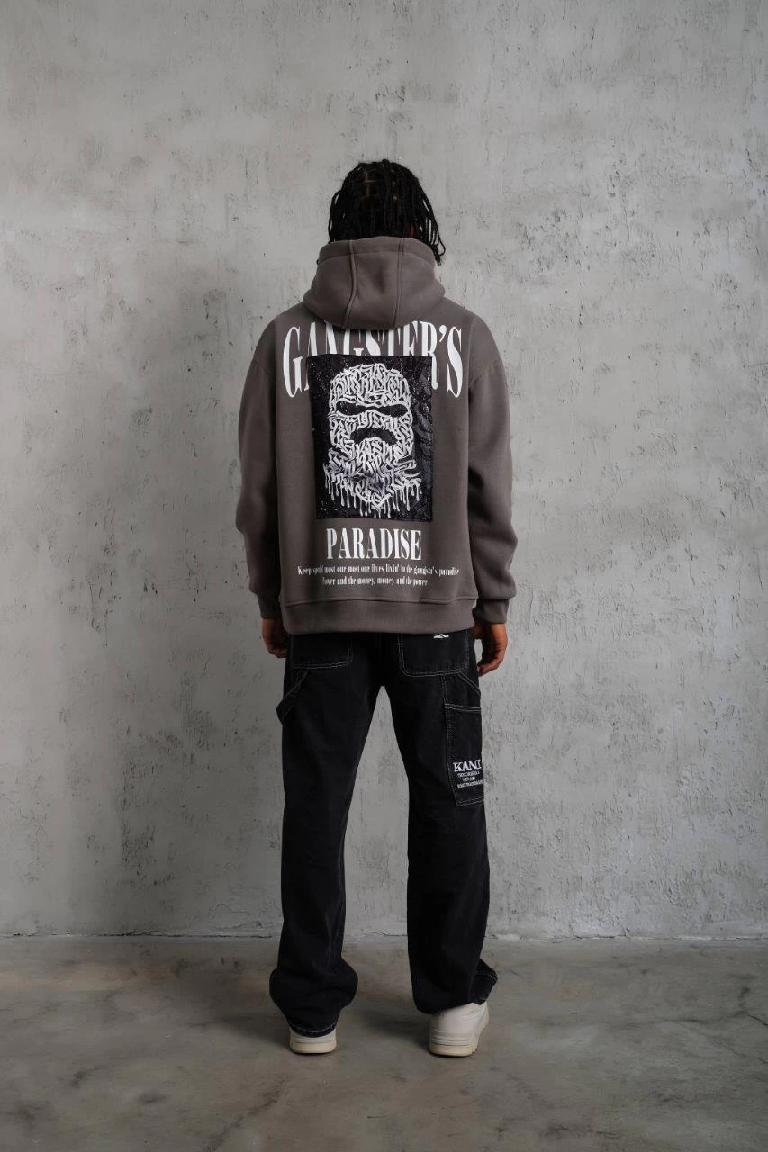 Erkek 3 İplik Pamuklu Baskılı Kapüşonlu Cepli Sweatshirt Hoodie - Gri
