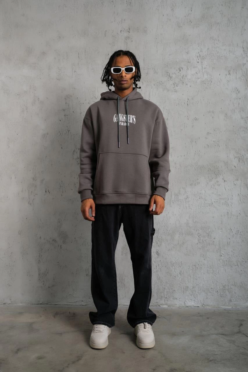 Erkek 3 İplik Pamuklu Baskılı Kapüşonlu Cepli Sweatshirt Hoodie - Gri