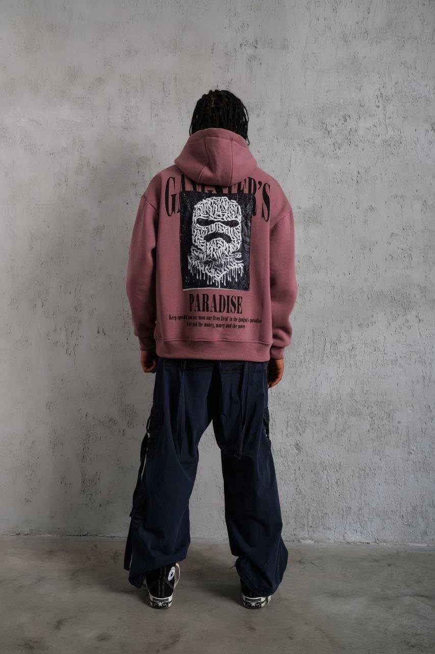 Erkek 3 İplik Pamuklu Kapüşonlu Baskılı Cepli Oversize Sweatshirt Hoodie - Gül Kurusu