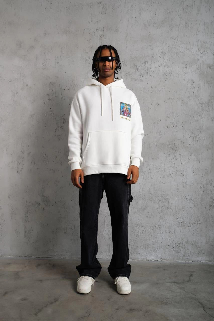 Erkek 3 İplik Pamuklu Kapüşonlu Baskılı Cepli Oversize Sweatshirt Hoodie - Beyaz